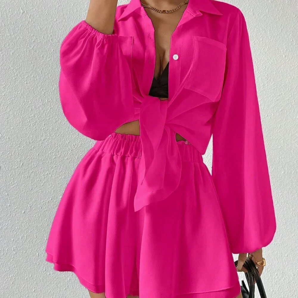 Hot Pink Casual Women's Lantern Sleeve Blouse And Shorts Set